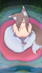 Rule 34 | 1girl, animal ear fluff, animal ears, bamboo, bare shoulders, breasts, brooch, brown hair, circle skirt, cleavage, commentary request, cube85, dress, fang, fang out, from above, grass, hair over one eye, highres, imaizumi kagerou, jewelry, large breasts, long hair, long sleeves, looking at viewer, off-shoulder dress, off shoulder, own hands together, red eyes, shadow, solo, tail, touhou, v arms, white dress, wolf ears, wolf tail