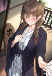 Rule 34 | 1girl, ahoge, alternate costume, bad id, bad nicoseiga id, bath yukata, blush, braid, breasts, brown eyes, brown hair, closed mouth, collarbone, hair ribbon, hand on own chest, highres, japanese clothes, kantai collection, kimono, large breasts, long hair, long sleeves, looking to the side, onsen, pallad, pulling, red ribbon, ribbon, shinshuu maru (kancolle), striped clothes, striped kimono, sunlight, tress ribbon, twin braids, wide sleeves, yukata