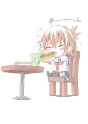 Rule 34 | 10s, 1girl, :o, anchor symbol, blush stickers, brown hair, burger, chair, commentary request, drink, drinking straw, closed eyes, flag, flying sweatdrops, folded ponytail, food, fujishima shinnosuke, inazuma (kancolle), kantai collection, mini flag, nanodesu (phrase), neckerchief, open mouth, school uniform, serafuku, simple background, skirt, solo, sweatdrop, table, white background
