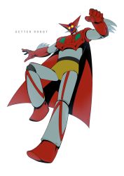 Rule 34 | absurdres, arm blade, cape, character name, copyright name, flying, getter-1, getter robo, getter robo (1st series), glowing, glowing eyes, halcon, highres, mecha, no humans, robot, super robot, weapon, white background
