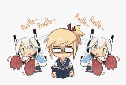 Rule 34 | 1boy, 1girl, :d, afterimage, aqua eyes, blonde hair, blush stickers, book, borrowed character, cable, cheerleader, chibi, commentary, digitan (porforever), electric plug, english commentary, glasses, headphones, holding, holding book, long hair, open mouth, original, pom pom (cheerleading), ponytail, porforever, reading, richard (gylmyr), side ponytail, simple background, smile, star-shaped pupils, star (symbol), symbol-shaped pupils, tail, white background, white hair