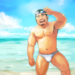 Rule 34 | 1boy, bara, beach, belly, bulge, eyewear on head, facial hair, feet out of frame, goatee, long sideburns, looking at viewer, male focus, male swimwear, mature male, muscular, muscular male, navel, navel hair, nipples, one eye closed, original, pectorals, short hair, sideburns, solo, stomach, sunglasses, suv (suv032), swim briefs, thick eyebrows, thick thighs, thighs, topless male, white male swimwear
