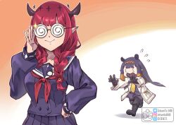 Rule 34 | 2girls, 3 3, :&gt;, absurdres, black gloves, boots, braid, coke-bottle glasses, flower, glasses, gloves, hair flower, hair ornament, halo, highres, hololive, hololive english, horns, irys (gaming casual) (hololive), irys (hololive), lab coat, long hair, multiple girls, necktie, ninomae ina&#039;nis, official alternate costume, pleated skirt, pointy ears, purple hair, red hair, red sailor collar, sailor collar, school uniform, skirt, twin braids, virtual youtuber, yellow necktie, zetsuental