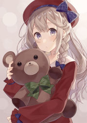 Rule 34 | 1girl, beret, blue bow, blush, bow, braid, brown background, closed mouth, commentary request, dress, fingernails, green bow, hair between eyes, hair bow, hat, hat bow, hugging object, light brown hair, long hair, long sleeves, nagitoki, original, purple eyes, red dress, red hat, side braid, sleeves past wrists, solo, stuffed animal, stuffed toy, teddy bear, very long hair