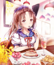 Rule 34 | 1girl, bendy straw, blue sailor collar, blush, brown eyes, brown hair, cake, cake slice, collarbone, commentary request, cup, drink, drinking glass, drinking straw, eyebrows hidden by hair, flower, food, fork, hair flower, hair ornament, highres, holding, holding fork, ice, ice cube, long hair, looking at viewer, mutang, neck ribbon, original, parted bangs, petals, plate, puffy short sleeves, puffy sleeves, purple flower, red ribbon, ribbon, sailor collar, school uniform, serafuku, shirt, short sleeves, sitting, solo, twintails, white shirt, window, yellow flower