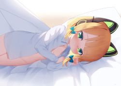 Rule 34 | 1girl, animal ear headphones, animal ears, bed sheet, blonde hair, blue archive, blue bow, blush, bow, cat ear headphones, closed mouth, collared shirt, commentary request, dress shirt, fake animal ears, green eyes, hair bow, headphones, kokone (coconeeeco), lying, midori (blue archive), on side, open clothes, open shirt, shirt, sidelocks, smile, solo, white shirt