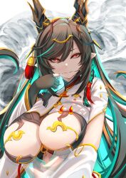 Rule 34 | 1girl, absurdres, black gloves, black hair, breasts, detached sleeves, dragon girl, dragon horns, dress, gloves, granblue fantasy, green hair, highres, horns, large breasts, long hair, long sleeves, looking at viewer, mole, mole under mouth, multicolored hair, partially fingerless gloves, payila (granblue fantasy), pointy ears, red eyes, shiki (psychedelic g2), smile, solo, white dress