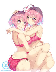 Rule 34 | 2girls, absurdres, ahoge, arched back, arm on another&#039;s shoulder, armpits, artist name, ass, back, bare shoulders, blue hair, blush, bra, breast press, breasts, butt crack, clone, closed mouth, collarbone, dual persona, earrings, eye contact, floral print, foreshortening, hair intakes, hand on another&#039;s head, hand on another&#039;s thigh, hand on another&#039;s waist, highres, idolmaster, idolmaster cinderella girls, jewelry, knee up, large breasts, looking at another, multicolored hair, multiple girls, nail polish, navel, panties, pill earrings, pink bra, pink eyes, pink hair, pink nails, pink panties, selfcest, short hair, side-tie panties, sidelocks, simple background, sitting, sitting on lap, sitting on person, smile, sweat, symmetrical docking, tareme, thighs, toh les, two-tone hair, underwear, underwear only, watermark, white background, yumemi riamu