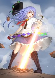 Rule 34 | &gt;:o, 1girl, :o, bad id, bad pixiv id, black hat, blue hair, blue skirt, boots, brown footwear, cloud, commentary request, cross-laced footwear, day, fang, food, frilled skirt, frills, fruit, full body, hair between eyes, hat, hat flying off, hinanawi tenshi, knee boots, lace-up boots, leaf, light, long hair, neck ribbon, open mouth, orange eyes, outdoors, peach, red ribbon, ribbon, rock, shirt, short sleeves, skirt, sky, solo, standing, sword, sword of hisou, touhou, v-shaped eyebrows, weapon, white shirt, xialuluo (sharuro)