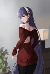 Rule 34 | 1girl, absurdres, blue eyes, cosplay, dress, fate/grand order, fate (series), highres, long hair, looking at viewer, looking back, meltryllis (fate), obazzotto, off-shoulder sweater, off shoulder, purple hair, red shirt, red sweater, ribbed sweater, shirt, solo, spy x family, sweater, sweater dress, two-sided fabric, voice actor connection, yor briar, yor briar (cosplay)