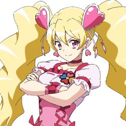 Rule 34 | 1girl, blonde hair, choker, closed mouth, collarbone, crossed arms, cure peach, earrings, floating hair, fresh precure!, hair between eyes, hair ornament, heart, heart hair ornament, highres, jewelry, kousuke0912, long hair, looking at viewer, momozono love, precure, red choker, red eyes, shirt, short sleeves, simple background, sketch, smile, solo, split mouth, underbust, upper body, very long hair, white background, white shirt