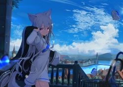 Rule 34 | 1girl, absurdres, animal ears, blue sky, bridge, bug, butterfly, commentary request, day, dress, expressionless, highres, huge filesize, bug, jacket, long hair, long sleeves, looking at viewer, mikisai, original, purple eyes, silver hair, sky, solo, tail, town, umbrella, water, white dress