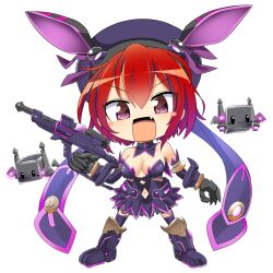 Rule 34 | 1girl, :3, :d, animal ears, breasts, character request, chibi, cleavage, clothing cutout, collar, commentary request, detached collar, detached sleeves, dress, fang, full body, gauntlets, gun, hat, hishou no sora, holding, holding gun, holding weapon, hop step jumpers, lets0020, looking at viewer, medium bangs, medium breasts, navel, navel cutout, open mouth, purple collar, purple dress, purple eyes, purple hat, purple sleeves, purple thighhighs, rabbit ears, rabbit girl, red hair, robot, short dress, short hair, simple background, smile, solo, strapless, strapless dress, thighhighs, transparent background, weapon