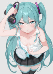 Rule 34 | 1girl, absurdres, aqua eyes, aqua hair, arm tattoo, arm up, bare arms, black skirt, black thighhighs, blush, breasts, cleavage, collarbone, collared shirt, commentary request, dress shirt, from above, grey background, hair between eyes, hair ornament, hatsune miku, headphones, highres, holding, kawasuru (15miclon), long hair, looking at viewer, looking up, miniskirt, open clothes, open mouth, open shirt, partially unbuttoned, pleated skirt, shirt, simple background, skirt, sleeveless, sleeveless shirt, small breasts, solo, standing, sweatdrop, tattoo, thighhighs, twintails, very long hair, vocaloid, white shirt, wing collar, zettai ryouiki