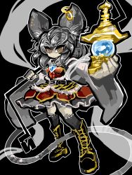 Rule 34 | 1girl, animal ears, belt, bishamonten&#039;s pagoda, black background, boots, capelet, cosplay, dowsing rod, earrings, full body, grey hair, hair ornament, jewelry, looking at viewer, mouse ears, mouse tail, nazrin, shawl, short hair, simple background, solo, tail, toramaru shou, toramaru shou (cosplay), touhou, yellow eyes, yt (wai-tei)