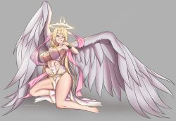 Rule 34 | 1girl, angel wings, aqua eyes, artist name, barefoot, blonde hair, breasts, cleavage, commission, feathered wings, frosty persimmons, full body, grey background, halo, highres, ilias, jewelry, large breasts, long hair, looking at viewer, mon-musu quest!, pelvic curtain, pointy ears, simple background, sitting, smile, solo, spread wings, wings