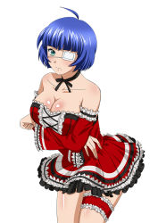 Rule 34 | 00s, 1girl, blue hair, breasts, cleavage, collar, collarbone, crossed arms, detached sleeves, dress, eyepatch, female focus, green eyes, ikkitousen, large breasts, medical eyepatch, mole, mole under mouth, official art, ryomou shimei, short hair, simple background, solo, standing, strapless, strapless dress, third-party source, white background