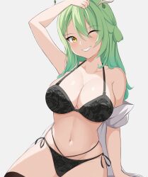 Rule 34 | 1girl, arm up, black bra, black panties, bra, breasts, ceres fauna, green eyes, grin, highres, hololive, hololive english, large breasts, lingerie, midriff, multicolored hair, navel, one eye closed, panties, simple background, smile, stomach, thighhighs, underwear, virtual youtuber, wide hips, yellow eyes, zeropen