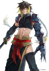 Rule 34 | 1boy, albel nox, armor, blonde hair, brown hair, crop top, gloves, holding, holding sword, holding weapon, indesign, looking at viewer, male focus, midriff, multicolored hair, muscular, muscular male, red eyes, shoulder armor, simple background, solo, star ocean, star ocean till the end of time, sword, thighhighs, weapon, white background