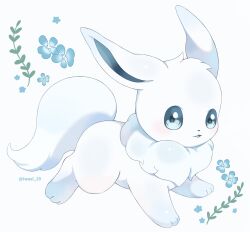 Rule 34 | animal, animal focus, blue eyes, creatures (company), eevee, flower, game freak, gen 1 pokemon, highres, iwasi 29, nintendo, no humans, open mouth, pokemon, pokemon (creature), smile, solo, twitter username, white background