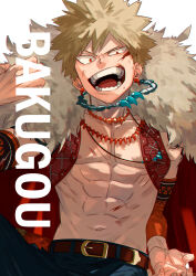 Rule 34 | 1boy, abs, bakugou katsuki, bare pectorals, bead necklace, beads, belt, blonde hair, blood, blood on face, blue pants, boku no hero academia, brown belt, cape, character name, collarbone, denim, detached sleeves, dirty, dirty face, earrings, fur-trimmed cape, fur trim, highres, jeans, jewelry, male focus, mirin (coene65), multiple necklaces, navel, necklace, open mouth, pants, pectorals, red cape, red eyes, red vest, short hair, simple background, solo, teeth, vest