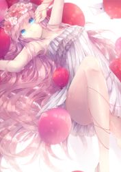Rule 34 | 1girl, bad id, bad pixiv id, balloon, bare shoulders, blue eyes, dress, envelope, heart, highres, just be friends (vocaloid), long hair, looking at viewer, lyodi, megurine luka, parted lips, pink hair, solo, very long hair, vocaloid