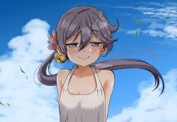 Rule 34 | 1girl, akebono (kancolle), arms behind back, bell, blush, closed mouth, day, flower, hair bell, hair between eyes, hair flower, hair ornament, jingle bell, kantai collection, long hair, pink flower, purple eyes, purple hair, shino (ponjiyuusu), side ponytail, smile, solo, upper body