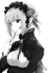 Rule 34 | 1girl, arisaka ako, artist name, braid, breasts, closed mouth, crown braid, expressionless, feather hair ornament, feathers, flower, frills, gothic lolita, greyscale, hair flower, hair ornament, knife, lolita fashion, long sleeves, looking at viewer, medium breasts, monochrome, original, pointy ears, sidelocks, signature, simple background, solo, upper body