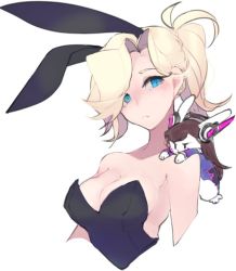 Rule 34 | 1girl, animal ears, animalization, bare shoulders, blonde hair, blue eyes, breasts, brown hair, cropped torso, d.va (overwatch), facial mark, fake animal ears, high ponytail, large breasts, leotard, long hair, mercy (overwatch), mwo imma hwag, overwatch, overwatch 1, playboy bunny, rabbit, rabbit ears, simple background, source request, whisker markings, white background