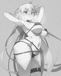 Rule 34 | 1girl, ahoge, armpits, arms behind head, arms up, bikini, breasts, choker, cleavage, collarbone, fate/grand order, fate (series), greyscale, jeanne d&#039;arc alter (fate), jeanne d&#039;arc alter (swimsuit berserker) (fate), large breasts, long hair, looking at viewer, monochrome, munashi mujou, navel, o-ring, o-ring bikini, solo, swimsuit, thigh strap, thighs, very long hair