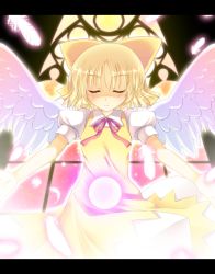 Rule 34 | 1girl, alternate color, alternate element, alternate wings, angel wings, bad id, bad pixiv id, blonde hair, bow, cirno, closed eyes, dress, feathers, female focus, fujisaki kaon, glowing, gradient background, hair bow, letterboxed, light smile, neck ribbon, ribbon, short hair, smile, solo, touhou, wings