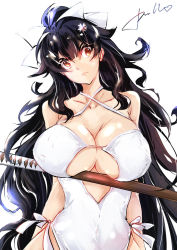 Rule 34 | 1girl, azur lane, black hair, breasts, calligraphy brush, calligraphy brush (medium), collarbone, female focus, hair ornament, hair ribbon, head tilt, katana, large breasts, long hair, one-piece swimsuit, paintbrush, push! (pushmylove), ribbon, simple background, solo, standing, swimsuit, sword, takao (azur lane), upper body, wavy hair, weapon, white background, white one-piece swimsuit