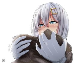 Rule 34 | 10s, 1girl, alternate costume, aoi tiduru, blue eyes, blush, grabbing another&#039;s breast, breasts, breath, bright background, chizurusou (tiduru 39), covered erect nipples, gloves, grabbing, grabbing from behind, hair ornament, hairclip, hamakaze (kancolle), kantai collection, large breasts, looking down, short hair, silver hair, solo, sweater, upper body, white background, white gloves