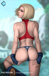 Rule 34 | 1girl, absurdres, ass, bare shoulders, blonde hair, blue eyes, blue mary, crop top, evandro menezes (endlesscomics), fatal fury, fingerless gloves, from behind, gloves, hands on own ass, highres, lips, looking back, sleeveless, the king of fighters, thong