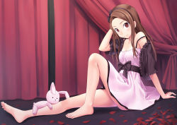 Rule 34 | 1girl, absurdres, arm behind head, arm support, bad id, bad pixiv id, bare legs, bare shoulders, barefoot, breasts, brown hair, cleavage, collarbone, curtains, dress, feet, highres, idolmaster, idolmaster (classic), light smile, long hair, minase iori, off shoulder, petals, red eyes, solo, strap slip, stuffed animal, stuffed rabbit, stuffed toy, tenkuu nozora, toes
