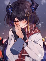 Rule 34 | 1girl, :&gt;, absurdres, artist name, asymmetrical horns, black gloves, black hair, blue hair, blush, coat, cold, colored inner hair, demon horns, enpera, gloves, hair ornament, hair over one eye, hetero, highres, holding hands, hololive, hololive english, horns, keisea, long hair, looking at viewer, mole, mole under eye, multicolored hair, nerissa ravencroft, night, out of frame, outdoors, plaid, plaid scarf, pov, pov hands, red eyes, red scarf, scarf, slit pupils, smile, snow, snowing, solo focus, two-tone hair, uneven horns, upper body, very long hair, virtual youtuber, white coat, winter, winter clothes, winter coat