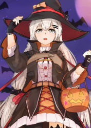 Rule 34 | 1girl, absurdres, bat (animal), black gloves, bucket, fingerless gloves, girls&#039; frontline, gloves, grey eyes, halloween, halloween bucket, halloween costume, hand on headwear, hat, highres, holding, holding bucket, long hair, looking up, moon, muteppona hito, night, night sky, open mouth, silver hair, sky, solo, svd (girls&#039; frontline), weapon case, witch hat