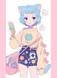 Rule 34 | 1girl, animal ears, artist name, bag, blue hair, bow, cat ears, cat girl, cat tail, commentary request, copyright request, duffel bag, earrings, feet out of frame, food, ghost, hair ornament, hairclip, high-waist skirt, highres, ice cream, ice cream cone, jewelry, jikuno, lanyard, light blue hair, miniskirt, pink background, pink eyes, shirt tucked in, simple background, skirt, sleeves past fingers, sleeves past wrists, solo, sprinkles, sweater, tail, tongue, tongue out, white background