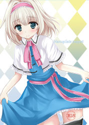 Rule 34 | 1girl, alice margatroid, blonde hair, blue dress, blue eyes, blush, capelet, clothes lift, clothes pull, dress, dress lift, female focus, hairband, nagatsuki rio, panties, panty pull, pantyhose, pantyhose pull, solo, touhou, underwear