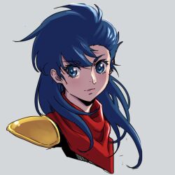 Rule 34 | 1girl, armor, asou yuuko, blue eyes, blue hair, commentary request, gold armor, grey background, highres, lips, long hair, mugen senshi valis, red scarf, scarf, shoulder armor, shoulder pads, simple background, smile, solo, textless version, valis, yazwo