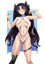 Rule 34 | 1girl, absurdres, alternate breast size, belt, black hair, black ribbon, black thighhighs, breasts, earrings, fate/grand order, fate (series), gluteal fold, hair ribbon, halterneck, hands up, highleg, highleg swimsuit, highres, hoop earrings, ishtar (fate), jewelry, kurozawa yui, large breasts, long hair, looking at viewer, navel, one-piece swimsuit, parted lips, red eyes, ribbon, simple background, single thighhigh, slingshot swimsuit, solo, swimsuit, thigh belt, thigh strap, thighhighs, two-tone background, two side up, white one-piece swimsuit, white slingshot swimsuit, wristlet