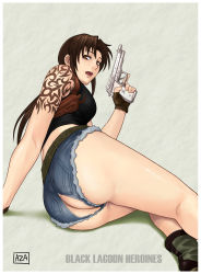 Rule 34 | 1girl, absurdres, arm support, ass, azasuke, belt, black lagoon, boots, breasts, brown eyes, brown hair, cigarette, denim, denim shorts, female focus, fingerless gloves, from behind, gloves, gun, highres, holster, long hair, looking back, lying, on side, open mouth, revy (black lagoon), short shorts, shorts, solo, tank top, tattoo, torn clothes, weapon