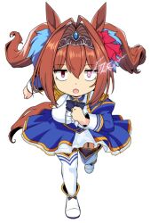 Rule 34 | 1girl, :o, aiguillette, animal ears, ankle boots, antenna hair, black thighhighs, blue jacket, blue skirt, boots, breasts, brown hair, buttons, center frills, chibi, daiwa scarlet (umamusume), double-breasted, epaulettes, frilled shirt, frills, garter straps, hair intakes, heart, heart-shaped pupils, horse ears, horse girl, jacket, juliet sleeves, koopo, large breasts, long hair, long sleeves, overskirt, parody, pleated skirt, puffy sleeves, red eyes, running, shirt, simple background, skirt, solo, symbol-shaped pupils, thighhighs, tiara, twintails, umamusume, underbust, very long hair, white background, white footwear, white shirt, white thighhighs, zone (energy drink)