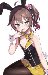Rule 34 | 1girl, ayaoshiro, bare shoulders, breasts, brown hair, gloves, green eyes, hololive, looking at viewer, natsuiro matsuri, side ponytail, sitting, small breasts, solo, white gloves
