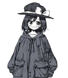 Rule 34 | 1girl, blush, bow, closed mouth, collarbone, commentary, drawstring, greyscale, hat, hat bow, hatching (texture), highres, hood, hood down, jacket, linear hatching, long sleeves, monochrome, nama udon, pocket, short hair, sketch, sleeves past fingers, sleeves past wrists, smile, solo, straight-on, touhou, upper body, usami renko, zipper