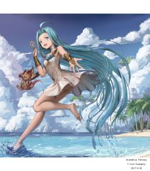 Rule 34 | 10s, 1girl, absurdly long hair, ahoge, artist name, bare shoulders, barefoot, blue eyes, blue hair, blush, card, choker, dated, feet, granblue fantasy, highres, holding, holding card, huanghyy, letterboxed, long hair, looking at viewer, lyria (granblue fantasy), no panties, open mouth, palm tree, smile, teeth, tree, very long hair, vyrn (granblue fantasy), wading, water