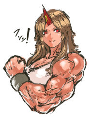 Rule 34 | 1girl, blonde hair, breasts, clenched hand, female focus, flexing, highres, horns, hoshiguma yuugi, large breasts, long hair, muscular, muscular female, nameo (judgemasterkou), portrait, red eyes, simple background, single horn, solo, star (symbol), touhou, veins