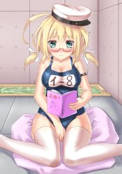 Rule 34 | 10s, 1girl, blonde hair, blue eyes, book, breasts, glasses, hat, highres, i-8 (kancolle), jewelry, kantai collection, kyamu (qqea92z9n), large breasts, low twintails, name tag, one-piece swimsuit, open book, peaked cap, personification, reading, red-framed eyewear, ring, school swimsuit, semi-rimless eyewear, sitting, solo, swimsuit, thighhighs, twintails, under-rim eyewear, wariza, wavy mouth, wedding band, wedding ring, white thighhighs