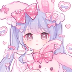 Rule 34 | 1girl, :o, animal ears, blush, blush stickers, bonbonribbon, bow, clenched hands, collared shirt, commentary, creature, english commentary, eyelashes, floppy ears, frilled sailor collar, frills, hair bow, hair ornament, heart, heart hair ornament, highres, holding, holding creature, light purple hair, long hair, looking at viewer, multiple hair bows, open mouth, original, pink bow, pink eyes, polka dot, polka dot bow, pom pom (clothes), puffy sleeves, purple bow, rabbit ears, rabbit in eyes, sailor collar, sanrio, shirt, striped, striped bow, twintails, twitter username, upper body, white background, white sailor collar, white shirt, yukomeow