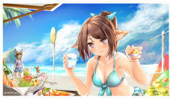 Rule 34 | 3girls, amiya (arknights), animal ears, arknights, bare arms, bare shoulders, beach, bikini, blue bikini, blue sky, breasts, brown hair, ceobe (arknights), cloud, commentary request, cup, day, fox ears, front-tie bikini top, front-tie top, hands up, holding, holding cup, large breasts, looking at viewer, multiple girls, navel, o o, ocean, off-shoulder shirt, off shoulder, outdoors, perfumer (arknights), ponytail, purple eyes, rabbit ears, shirt, short hair, sky, smile, stomach, swimsuit, upper body, yokaze (yokajie)